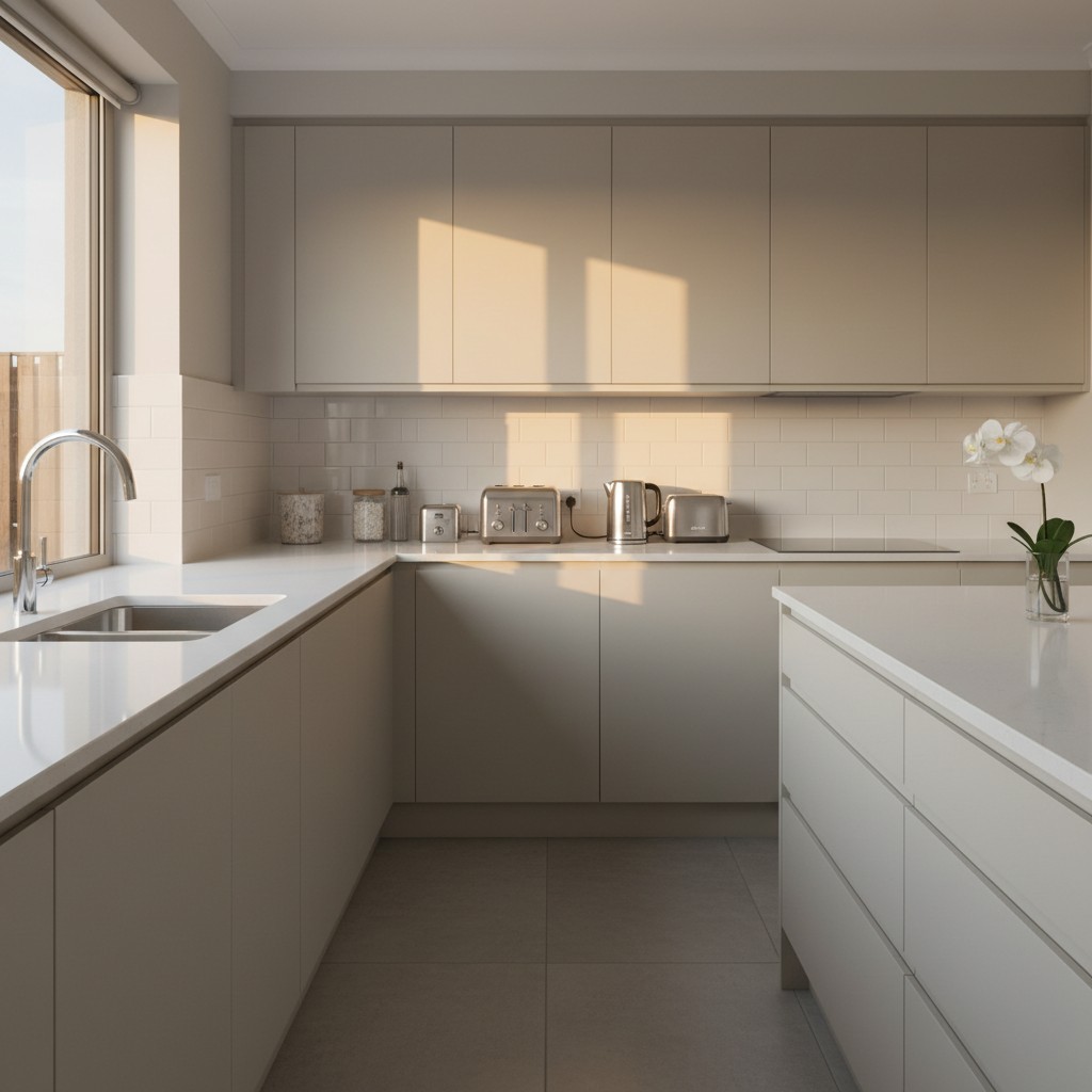 A modern kitchen with white cabinets and countertops, featuring a sink, toaster, and kettle on the countertop. The walls a...