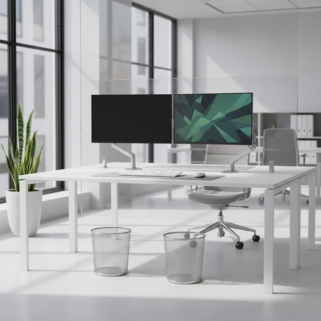 The modern white office features two computer setups on opposing sides of a large white desk with clean lines, showcasing ...