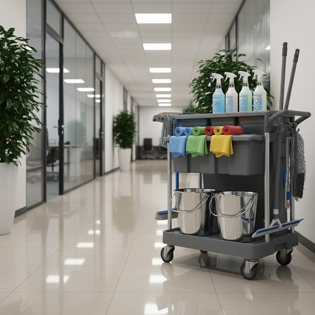 In a clean, well-lit office hallway lined with plants and glass one-way windows, a gray cleaning cart stands out prominent...