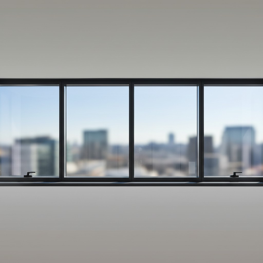 A large window with a blurred cityscape outside.